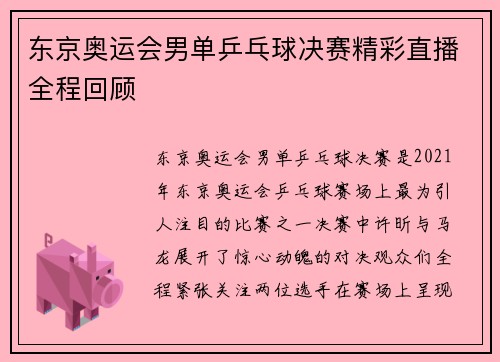 东京奥运会男单乒乓球决赛精彩直播全程回顾